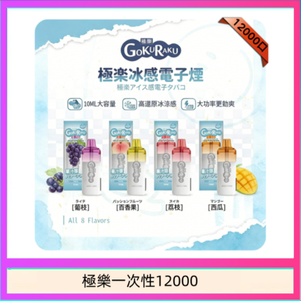 【8種口味】極楽 12000口一次性電子煙|超大容量 |口感絲滑|新品